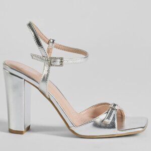 Silver Size 8.5 Block Heels with Rhinestone Accents (NWT)